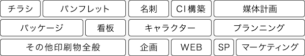 チラシ、パンフレット、名刺、CI構築、媒体計画、パッケージ、看板、キャラクター、プランニング、その他印刷物全般、企画、WEB、SP、マーケティング